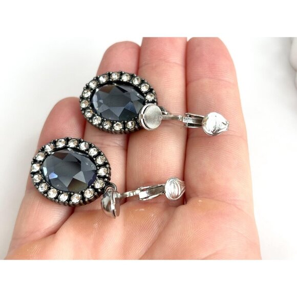 Silver Toned Faceted Oval Grey Rhinestone Halo Style Clip On Dangle Earrings - Picture 8 of 8